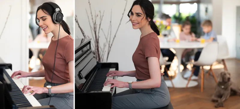 YAMAHA: Frau spielt E-Piano im Wohnzimmer